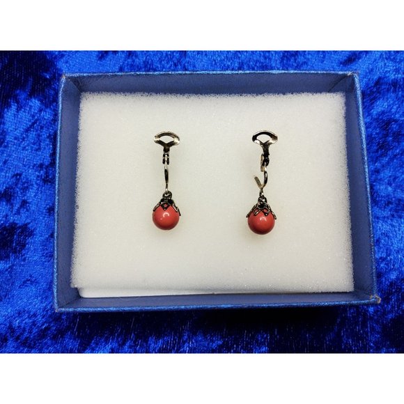 Vintage American Jewelry - Vintage patented 50's faux Coral and Silvertone Clip on Drop Earrings